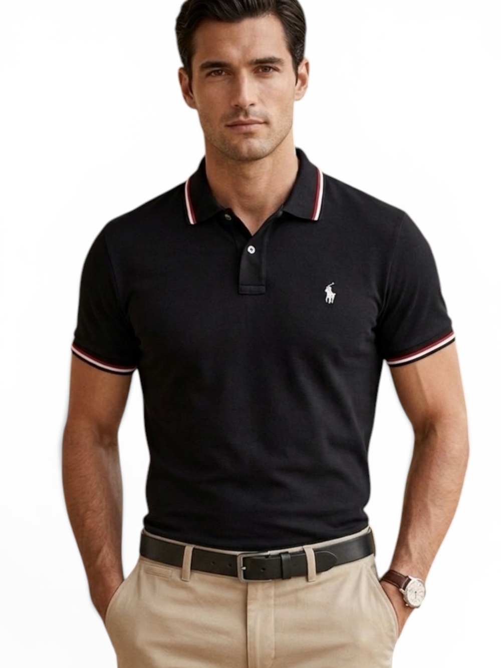 Polo Ralph Lauren Black Knit Polo Shirt White Pony Red Tipping Men's Size Large